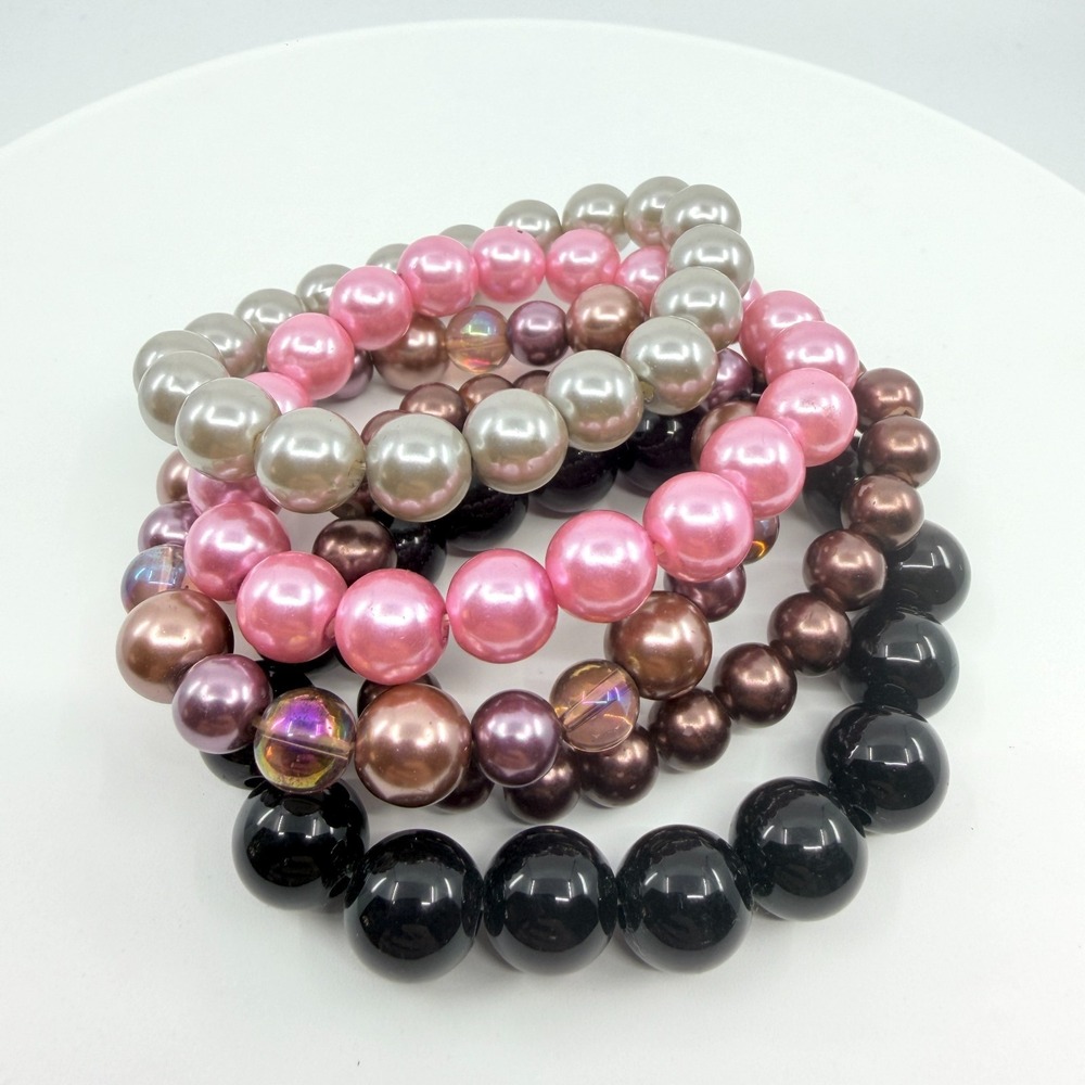 Vintage Multicolored Faux Pearl Stretch Bracelet Stack Colorful Bead Set